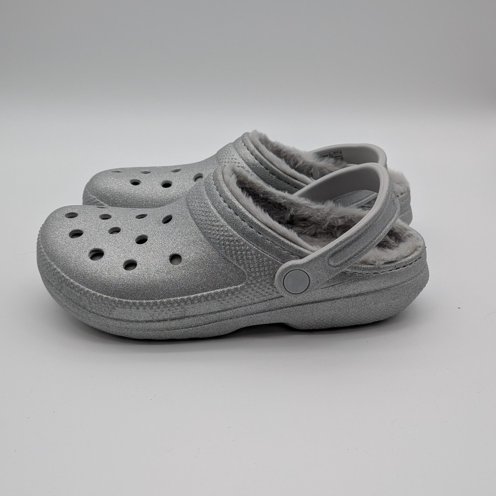 Crocs Classic Lined Glitter Clog Silver Sparkle Fuzz Winter Shoes Men 7 Women 9